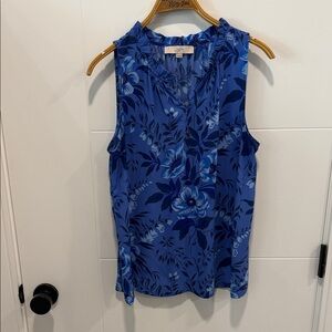 LOFT Blue Floral Ruffle Neck Sleeveless Shell size medium